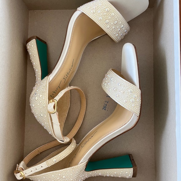 Betsey Johnson Shoes - Betsey Johnson Pearl-Embellished Ivory Block Heel Sandals